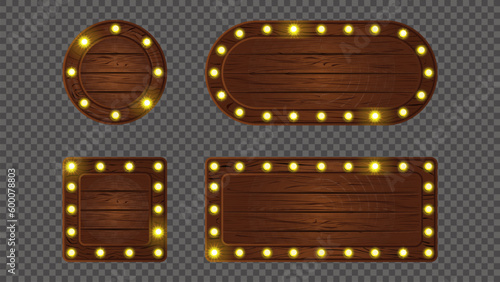 Wooden retro light sign board game banner vector. Cartoon oval plank frame with led neon lit. Wood texture signboard ui button on transparent background. Timber notification message panel set.