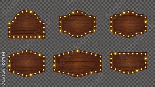 Light bulb sign board wooden retro vector frame. Cartoon game banner plank with led lit ui icon. Neon wood signboard set. Timber forest interface shape for mobile menu message illustration