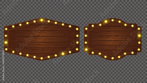 Broadway light sign board banner. Vector casino bulb wooden frame. Cartoon game led lit plank. Neon signboard with timber texture. Circus solid badge marquee set. Menu note bar isolated plate.