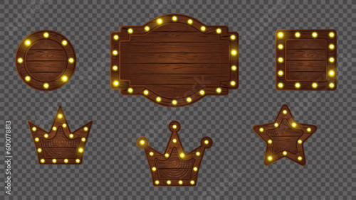 Crown casino wooden retro sign board with bulb light banner. Vector theater star frame with wood texture ui button. Vegas neon badge signboard icon set. Solid mobile gambling menu plate asset.