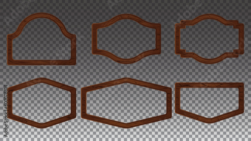Cartoon wood texture sign board vector game ui border. Vintage wooden frame label isolated on transparent background, Brown boarder plank illustration set. Antique nail saloon retro panel element.