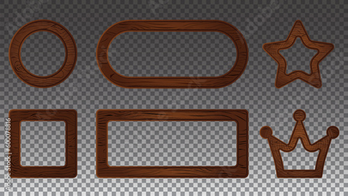 Wooden crown frame sign board vector. Cartoon wood texture game ui vintage border with star and square label isolated on transparent background. Brown rustic farm boarder nail panel element set