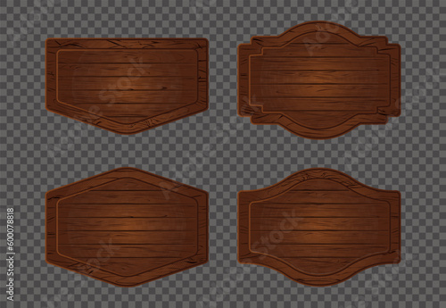 Cartoon wooden game sign board panel. Vector vintage ui signboard icon with wood texture set. Rustic farm menu interface shape element collection. Isolated user level message png plaque graphics.