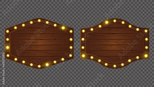 Broadway light sign board banner. Vector casino bulb wooden frame. Cartoon game led lit interface shape. Forest neon signboard with timber texture. Circus solid panel marquee set. Menu plank bar asset