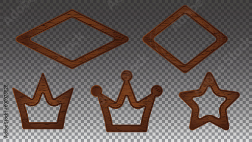 Wooden crown and star vector frame game ui border. Cartoon wood texture sign board rustic button badge. Brown rustic label boarder rhomb element. Medieval saloon farm empty nail bar painting icon.