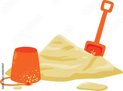 Orange bucket and scoop with pile of sand.