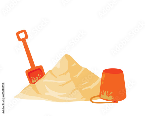 Orange bucket and scoop with pile of sand.