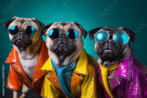 Stylish animal rock band, fashionable portrait of anthropomorphic superstar pug dogs with sunglasses and vibrant suits, group photo, glam rock style. Generative AI.