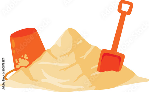 Orange bucket and scoop with pile of sand.