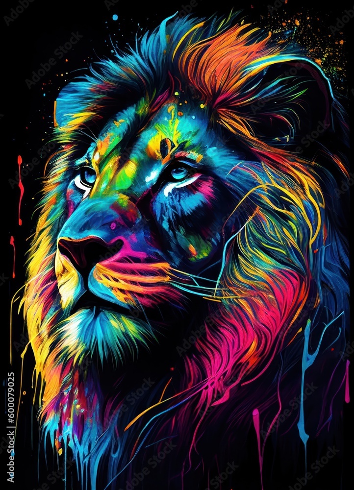 Colorful lion portrait on dark background by Generative AI