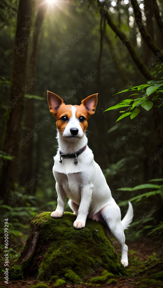 Jack Russel in a lush forest