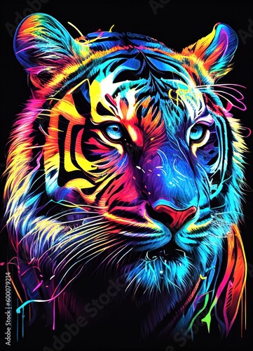 Colorful tiger portrait on dark background by Generative AI