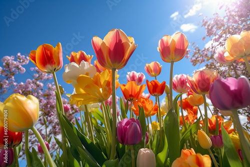 Colorful tulips in full bloom with beautiful colors against a background of blue sky and sunlight, low angle. Ai generative