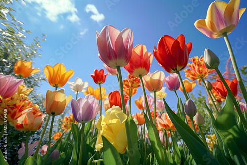 Colorful tulips in full bloom with beautiful colors against a background of blue sky and sunlight  low angle. Ai generative