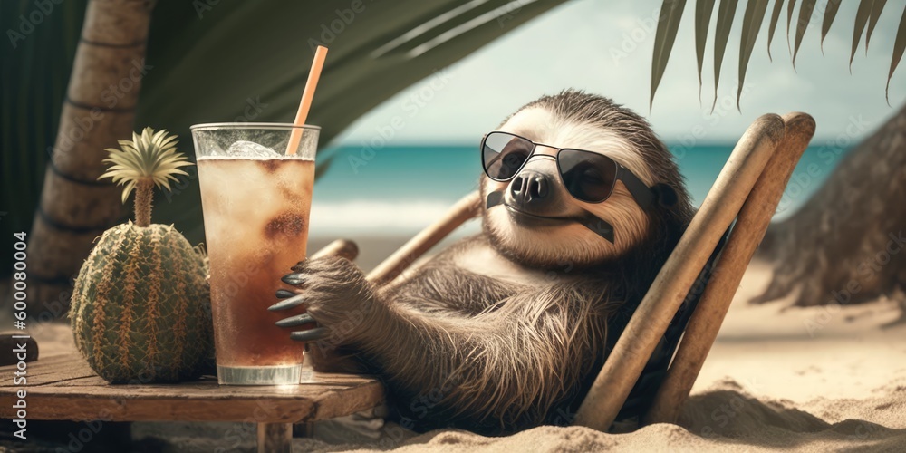 sloth is on summer vacation at seaside resort and relaxing on summer beach Generative AI - obrazy, fototapety, plakaty 