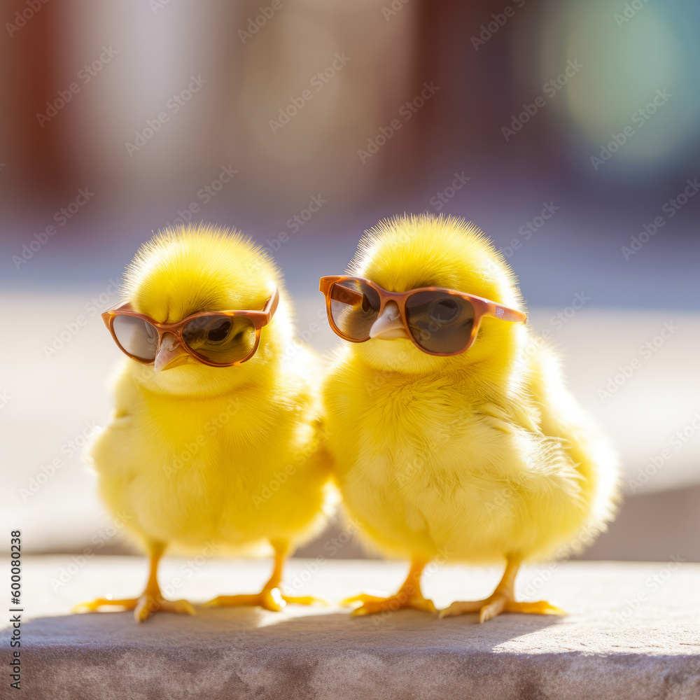 Two little yellow chicks wearing sunglasses on ledge in front of building. Generative AI.