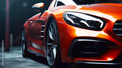 Close up of the front end of car with bright orange paint job. Generative AI.
