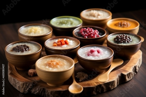 Pearl porridge or pearl sago. Popular Indonesian desserts are served on wooden plates with various flavours. Ai generative