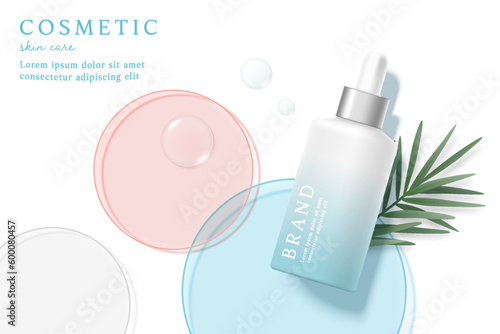 Cosmetics and skin care product ads template on white background with leaves.