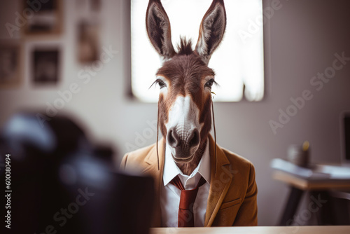 Donkey wearing suit and tie sitting in front of computer desk. Generative AI.