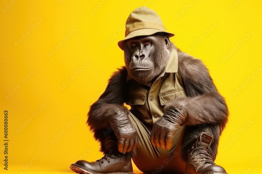 Gorilla with hat and boots sitting on the ground with yellow background. Generative AI.