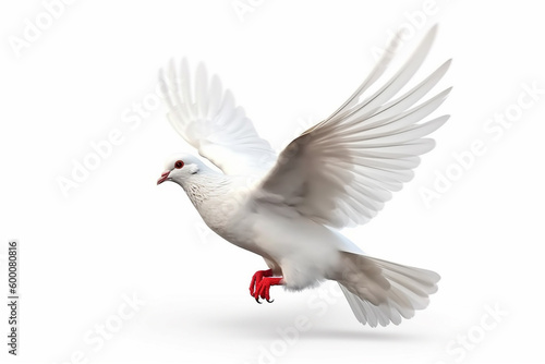 White flying dove or pigeon in white background. Symbol of love and peace. Generative AI