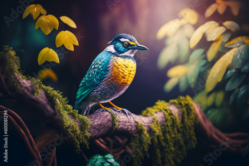 Bird sitting on top of tree branch in front of forest. Generative AI. © valentyn640