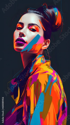 Woman with colorful makeup and bun. Generative AI. © valentyn640