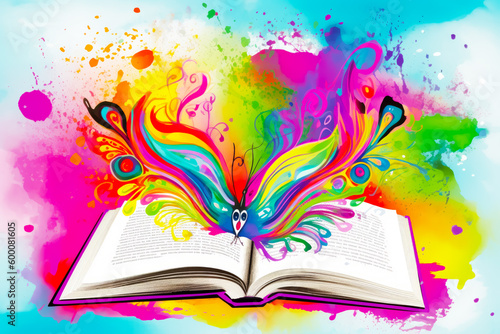 Open book with colorful paint splatters and peacock on top of it. Generative AI. © valentyn640