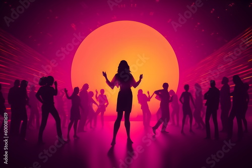Silhouette of woman dancing in front of large circle of people. Generative AI.