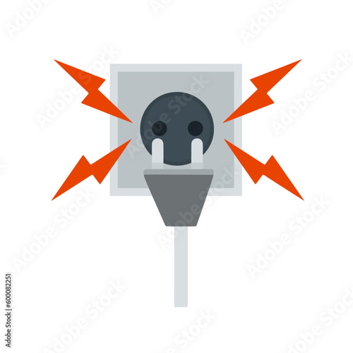 Damaged cable with red wire. Orange lightning and the spark. Broken line. faulty electrical appliance. Power Safety rule. Cartoon flat illustration. Electrical shock, short circuit.