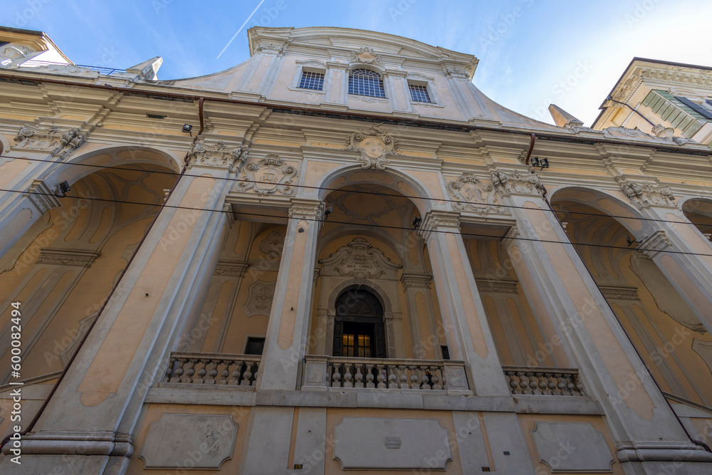 View of the facade of the church of Vittore e Carlo Saints in the historic center of Genoa, Italy