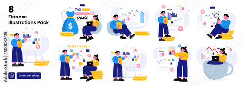 Finance illustrations. Mega set. Collection of scenes with men and women taking part in Finance activities. Trendy vector style