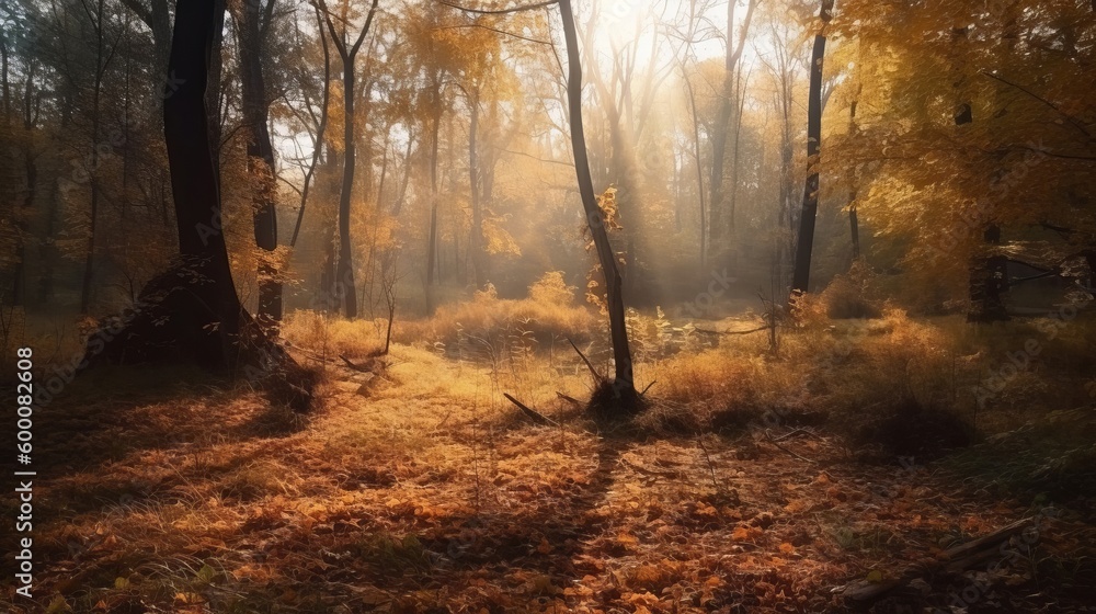 Obraz premium Astonishing scene of an gather time forest with sunrays entering through the branches. AI Generated