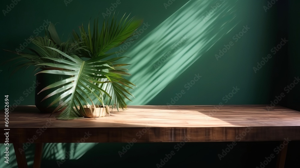 Cleanse wooden table counter with tropical palm tree in dappled daylight. AI Generated Cleanse wooden table counter with tropical palm tree in dappled daylight. AI Generated
