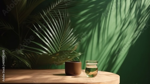 Cleanse wooden table counter with tropical palm tree in dappled sunshine. AI Generated