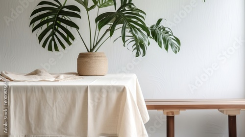 Delicate beige cotton tablecloth on counter table  tropical dracaena tree in daylight on white divider foundation. AI Generated