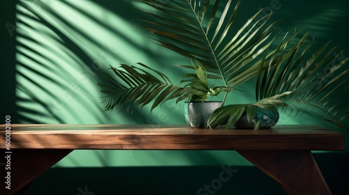 Cleanse wooden table counter with tropical palm tree in dappled sunshine. AI Generated