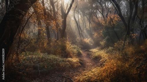 Disorienting scene of an assemble time woodland with sunrays entering through the branches. AI Generated © Denys