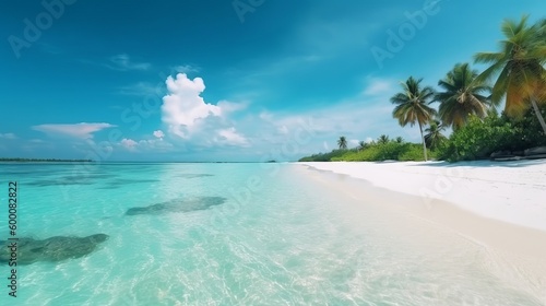 tropical Maldives island with white sandy shoreline and sea. palm. AI Generated © Denys