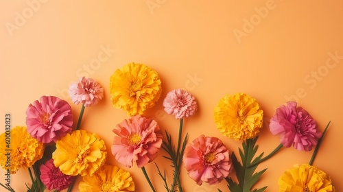Spring marigold makes on pink pastel establishment beat see in level lay organize. AI Generated © Denys