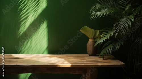 Cleanse wooden table counter with tropical palm tree in dappled daylight. AI Generated © Denys