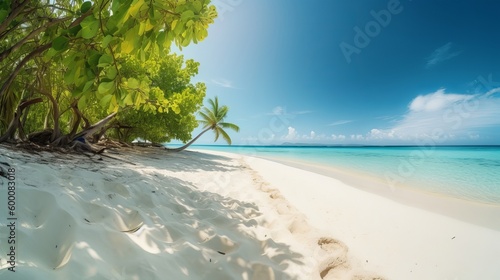 tropical Maldives island with white sandy shoreline and ocean. palm. AI Generated