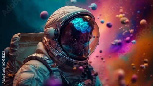Overwhelming depict of an space pioneer in a colorful bubbles universe on a unmistakable planet. AI Generated © Denys