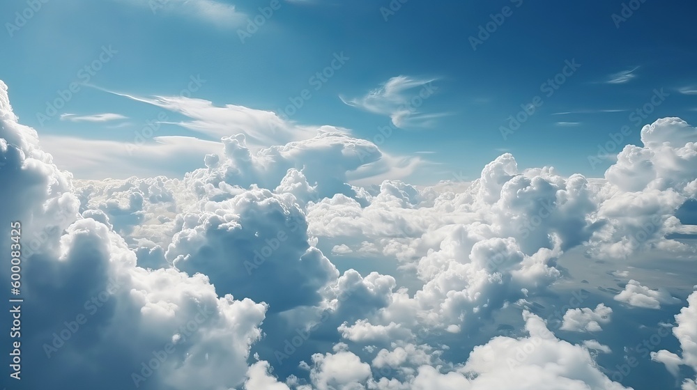Fototapeta premium Blue sky with particular clouds. See over the clouds.summer blue sky cloud incline light white foundation. AI Generated