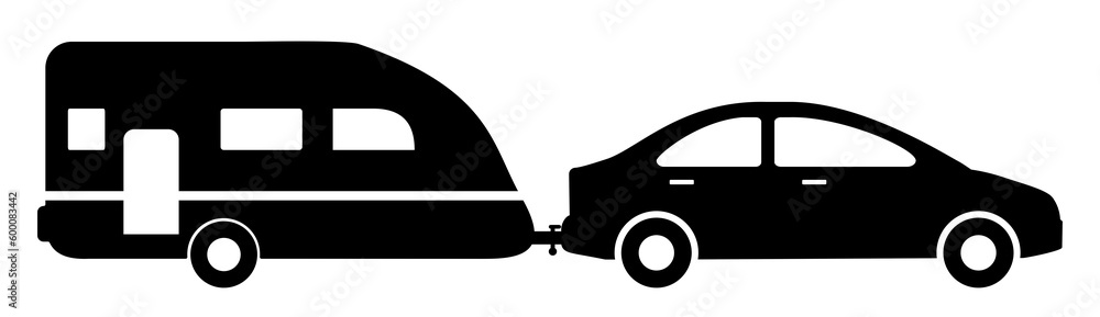Car and trailer symbol illustration, black on white background