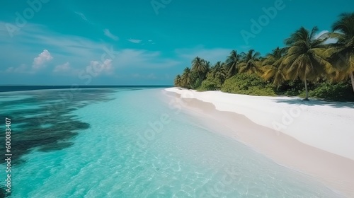 tropical Maldives island with white sandy shoreline and sea. palm. AI Generated © Denys