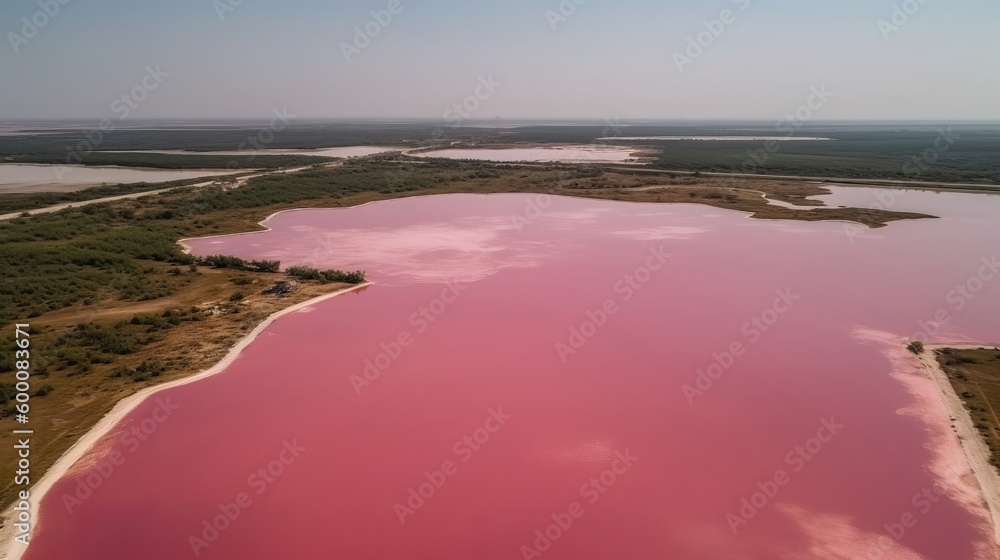 Ethereal see of pink lake, stunning see from coast. AI Generated