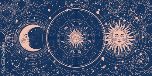 Modern astrology banner, vintage horoscope zodiac wheel with 12 signs and constellations, sun and moon with face, clouds and stars, havently mystical blue background. Hand drawn vector illustration.