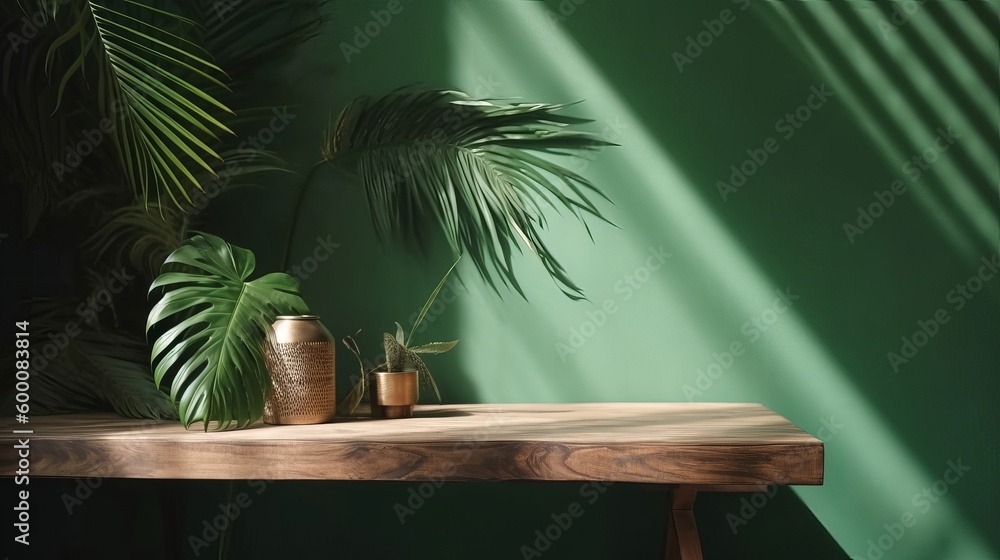 Cleanse wooden table counter with tropical palm tree in dappled sunshine. AI Generated Cleanse wooden table counter with tropical palm tree in dappled sunshine. AI Generated
